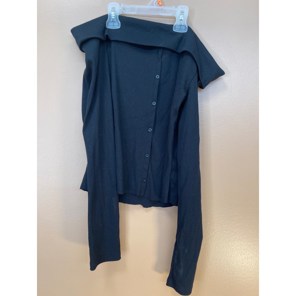 Wild Fable Black Ribbed Off The Shoulder Button Down Cardigan Top Size M